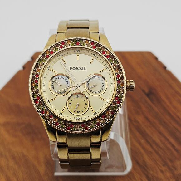 Fossil Women's Stella Rose Gold Watch Multi Color Crystal Bezel ES-3201 Glitz - Picture 1 of 8